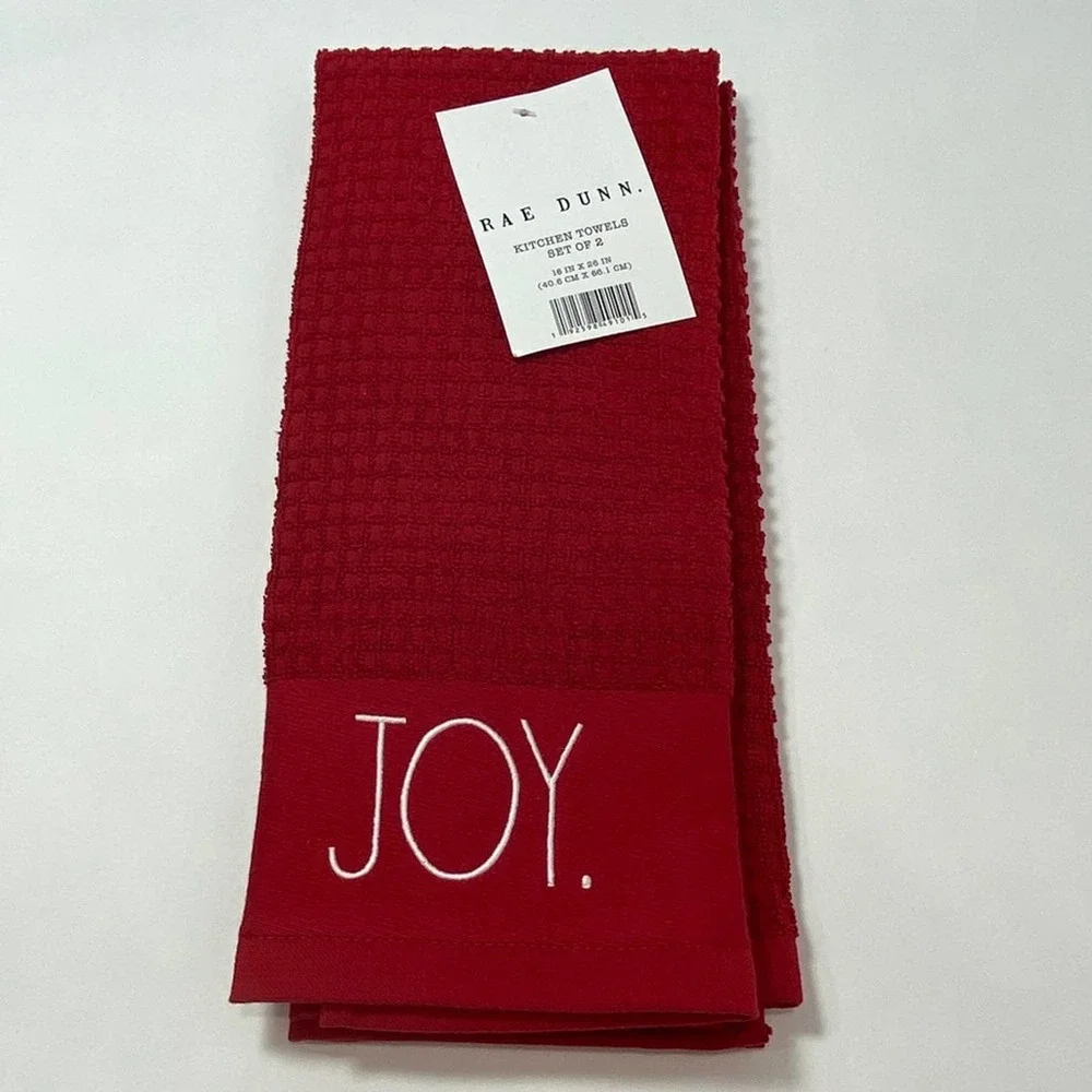Rae Dunn JOY &‎ PEACE Red Holiday Kitchen Towel Set NEW